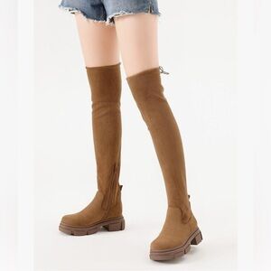 Shoe'N Tale Thigh High Round Toe Platform Heeled Stretch Knit Over the Knee Boot